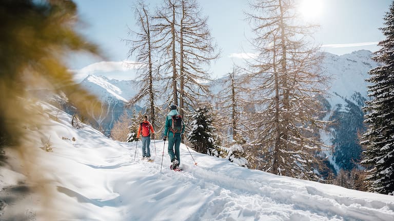 Ein verschneiter Pfad, der sich durch stille Wälder schlängelt - jeder Schritt knirscht im Schnee, während die Landschaft in frostigem Glanz erstrahlt.