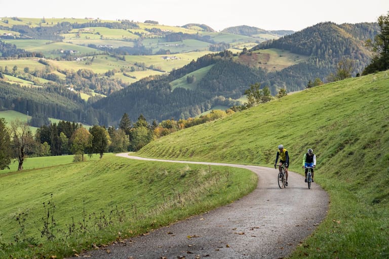 zwei Fahrradfahrer auf einer Kiesstraße bergauf im Hintergrund die Felder und Wiesen des Mostviertels